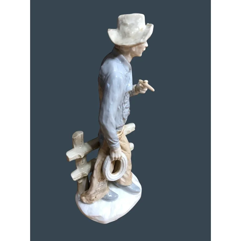 Porcelain Figurine Cowboy Sculpture Hat Cigar Rope Japan Western Rodeo Blue